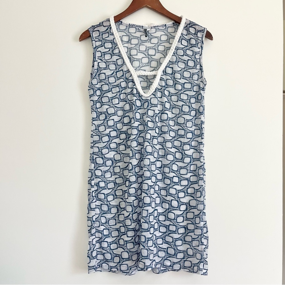 Nimes Cote D’Azur Women’s Blue White Beach Swim Cover Up Summer Dress Rope Hem M